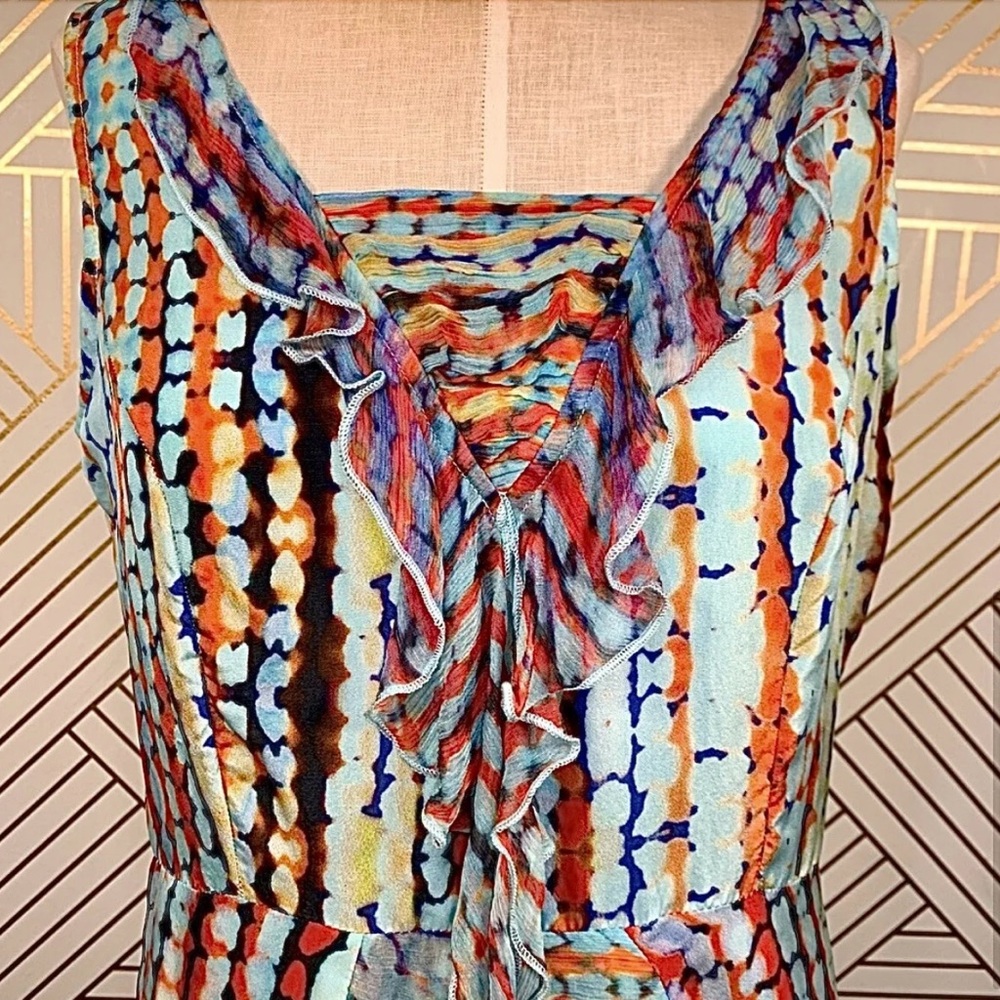 SUNDANCE frilly summer dress w zipper.Striking multicolor silk w lining